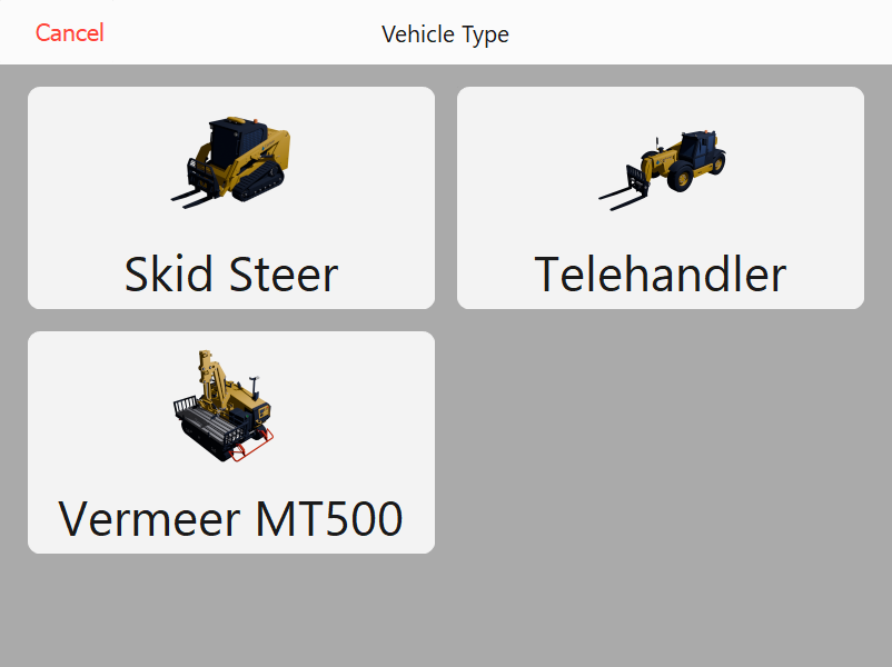 Vehicle Selection page
