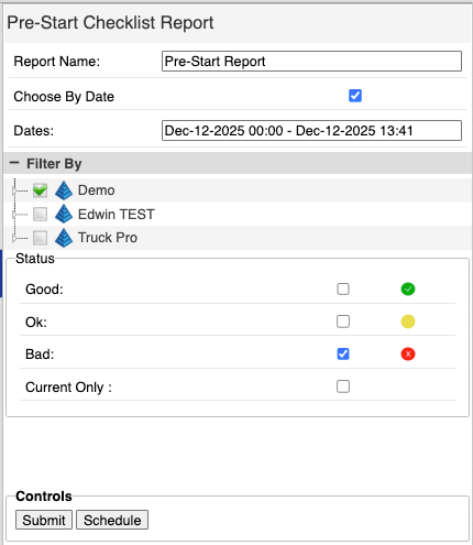 Prestart Report Menu