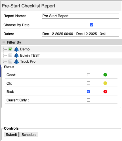 Prestart Report Menu