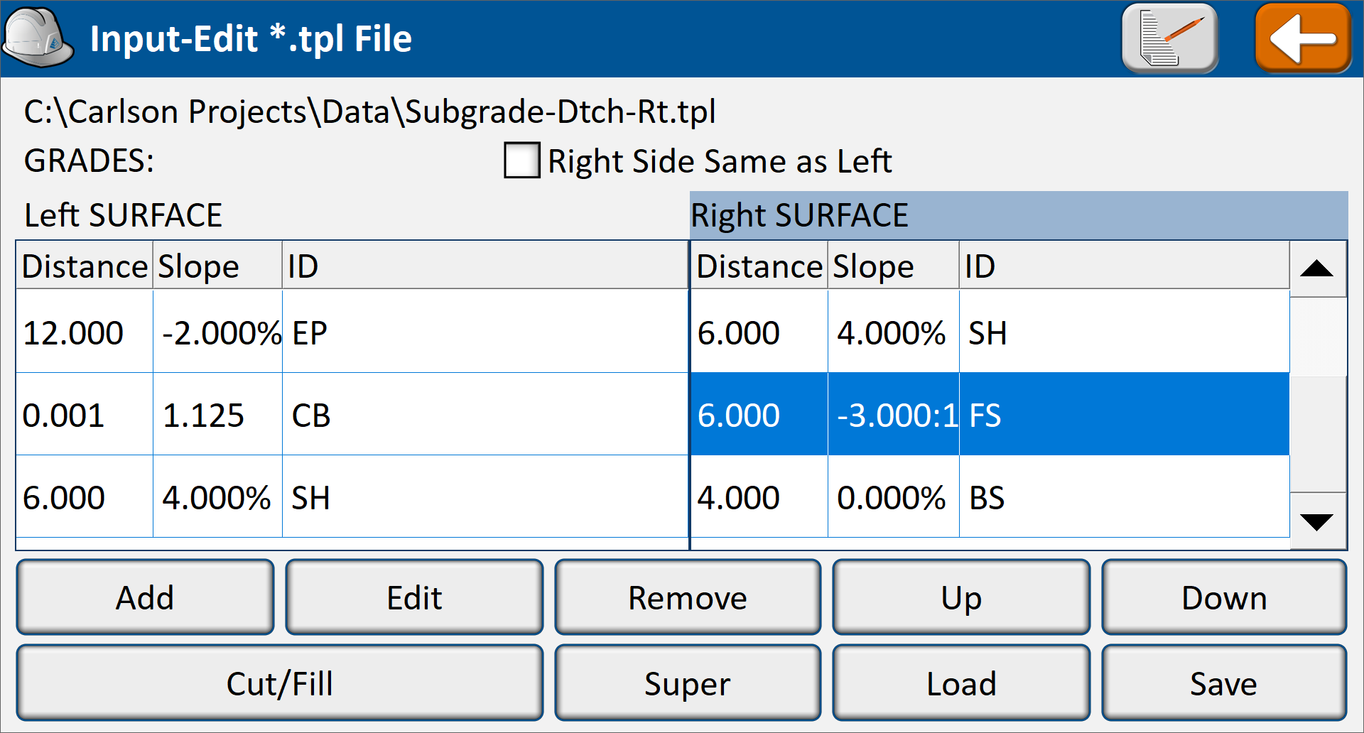 Subgrade with Ditch Right Data