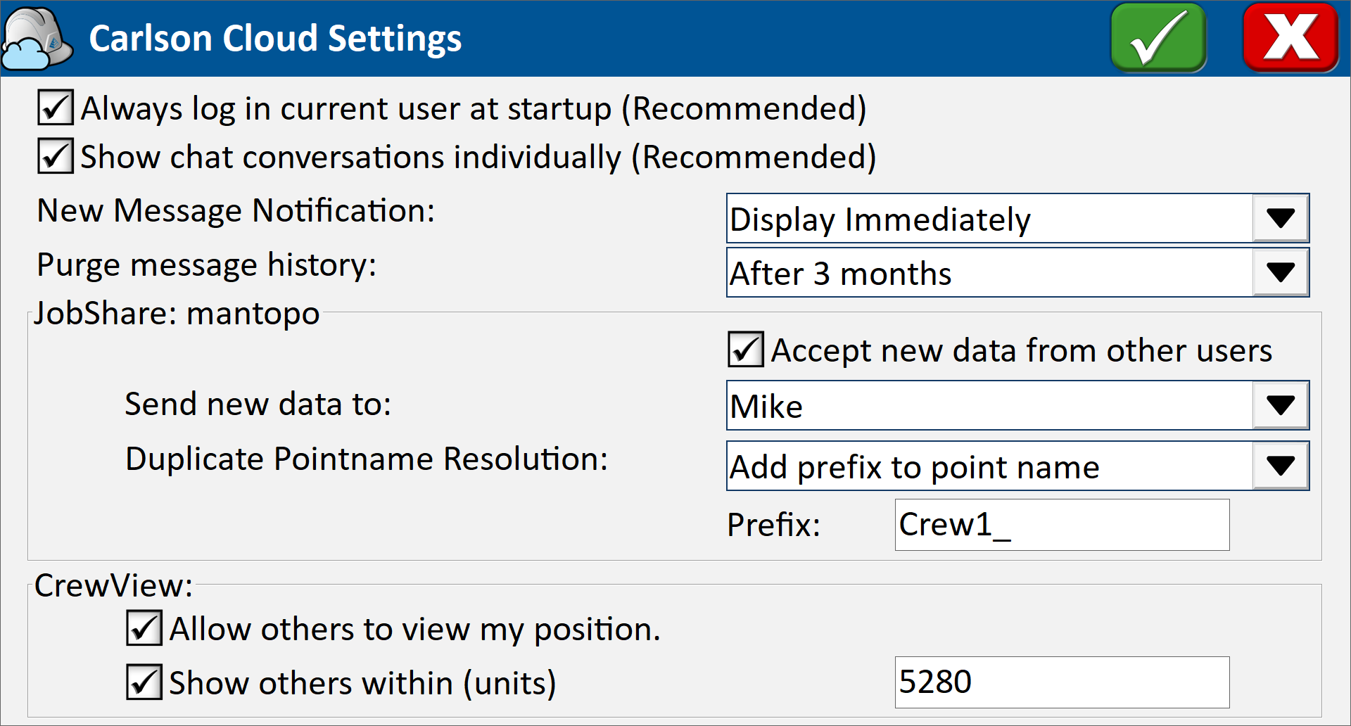 Carlson Cloud Settings